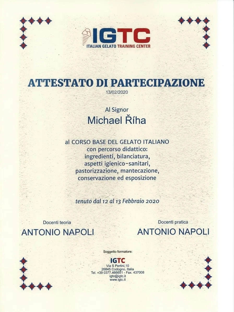 Certifikát IGTC – Attestato di partecipazione, Michael Říha, Corso base del gelato italiano, Codogno 2020