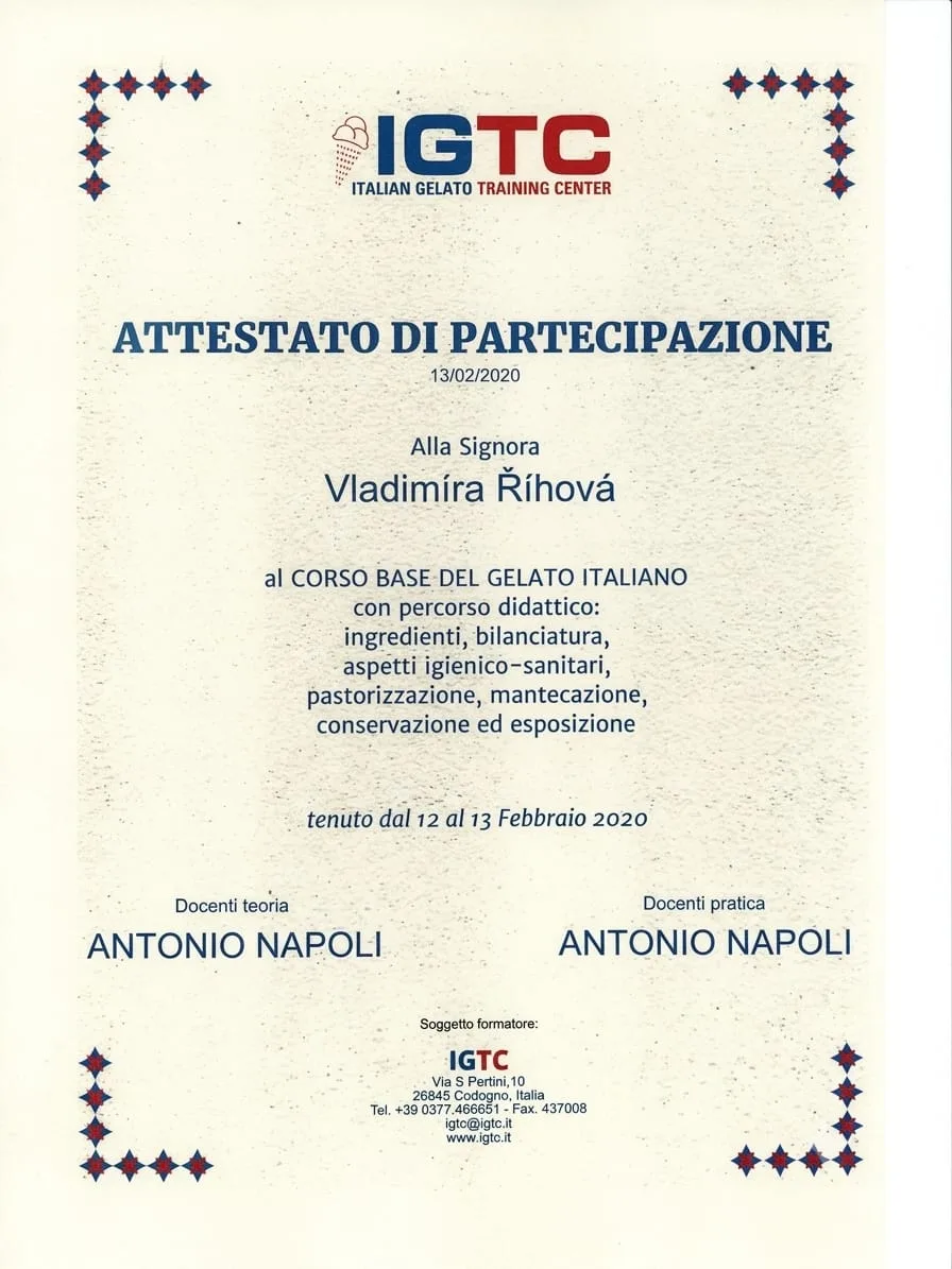 Certifikát IGTC – Attestato di partecipazione, Vladimíra Říhová, Corso base del gelato italiano, Codogno 2020